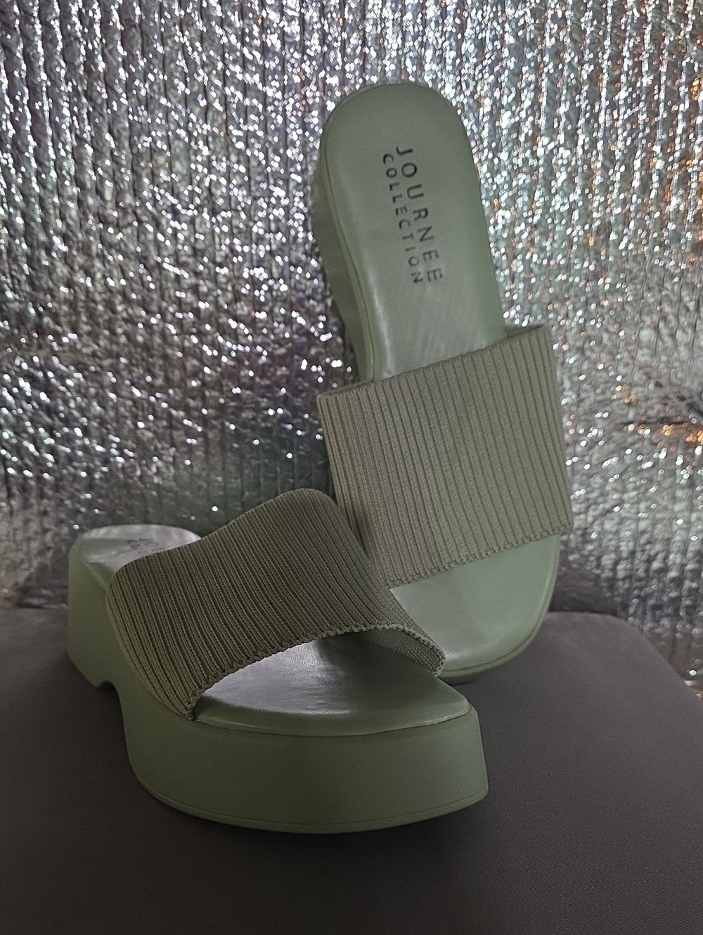 Journee Collection Sage Green Platform Slide Sandals